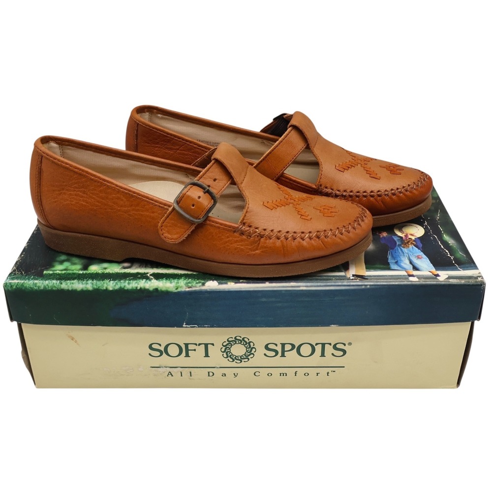 Soft Spots Reina Loafers Womens 6.5 Vintage Peanut Brown Leather T-Strap Shoes